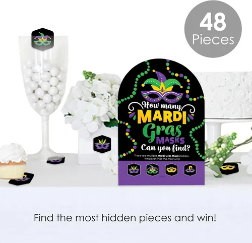 Vista 2 de Big Dot of Happiness Máscara colorida de Mardi Gras, caza del tesoro para fiesta de máscaras, 1 soporte y 48 piezas de juego, juego de ocultar