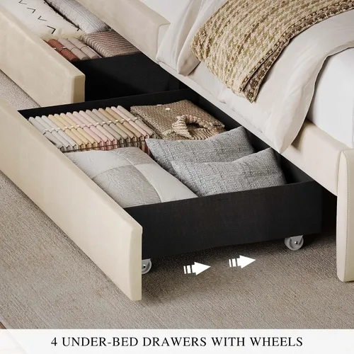 Vista 6 de DWVO Base de cama de tamaño matrimonial con cabecera ajustable, 4 cajones de almacenamiento y estación de carga, marco de cama tapizado de Beige