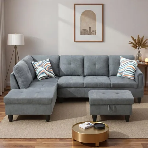 Vista 7 de Sofás en forma de L para sala de estar, muebles de sofá seccional para sala de estar con otomana de almacenamiento, sofá seccional modular con Gris