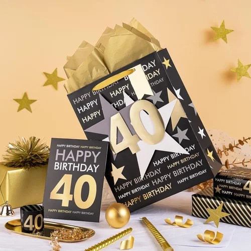 Vista 2 de Loveinside Bolsa de regalo de cumpleaños con papel de seda y tarjeta de felicitación para cumpleaños 40 – 10 x 5 x 13 pulgadas, 1 unidad, oro negro