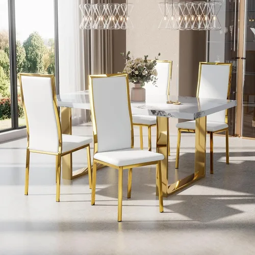 Vista 22 de Juego de 2 sillas de comedor modernas, piel sintética negra con patas de metal dorado cromado, diseño de respaldo alto curvo y acolchado tipo nube