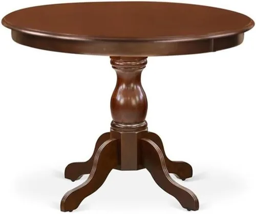 Vista 3 de East West Furniture HBDU3-MAH-C - Juego de comedor de 3 piezas que contiene una mesa de comedor redonda con pedestal y 2 sillas de cocina tapizadas