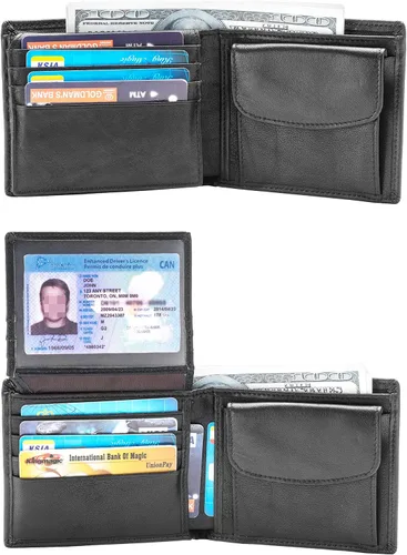 Vista 3 de Billetera plegable de cuero genuino con bloqueo RFID para hombres con cremallera y bolsillo para monedas L