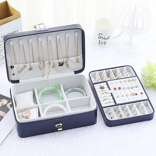Vista 3 de Organizador de joyeros estuche grande de dos capas para almacenamiento de joyas joyero de piel sintética para mujeres y niñas para almacenar anillos