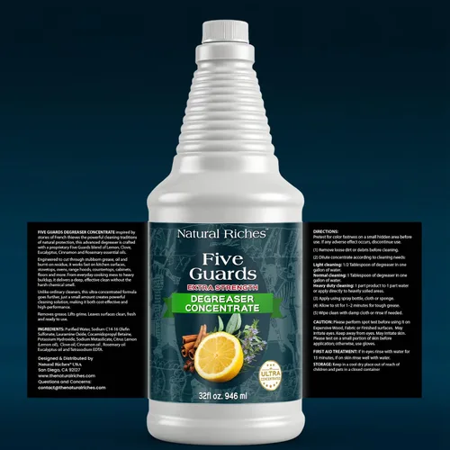 Vista 2 de Natural Riches Five Guards Degreaser Concentrate Makes Up to 64 Gallons, Essential Oil Blend Formula, Multi-Surface Cleaner for Kitchen, Cookware