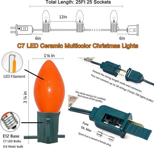Vista 2 de C7 Luces de Navidad para Exteriores 25 Pies Luces de Cadena LED de Navidad con 27 Bombillas LED Multicolor (2 de Repuesto), Luces de Cadena