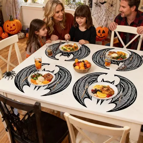 Vista 4 de Juego de 12 manteles individuales con forma de murciélago de Halloween, lavables, color negro, gótico, decoración de mesa para interiores