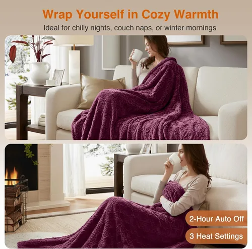 Vista 3 de Beautyrest Manta eléctrica de piel sintética cepillada larga con diseño texturizado Ogee, apagado automático, prácticamente cero EMF, configuración