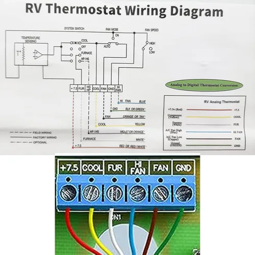 Vista 5 de Termostato para RV (solo enfriamiento/calefacción del horno) Controlador analógico de 6 cables para sistema de calefacción y enfriamiento