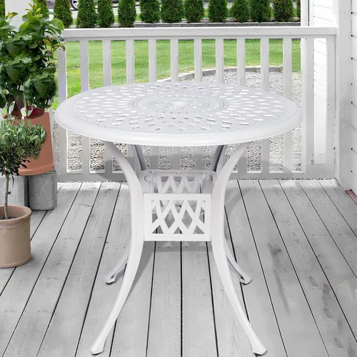 Vista 12 de Mesa de comedor al aire libre de 30.5 pulgadas, cuadrada, para patio, mesa de bistró, de aluminio fundido de bronce, mesa grande rústica con agujero