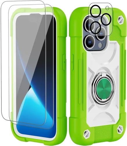 Vista 164 de Funda para iPhone 11 de 6.1 pulgadas con soporte de anillo, con 2 protectores de pantalla de vidrio, resistente a los golpes, resistente a
