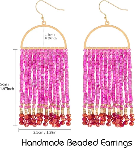 Vista 6 de Aretes colgantes bohemios con cuentas, hechos a mano, aretes de borla con cuentas para mujer