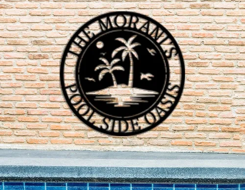 Vista 4 de Letrero de paraíso junto a la piscina, letrero de patio trasero, letreros personalizados con nombre de familia, decoración de piscina personalizada