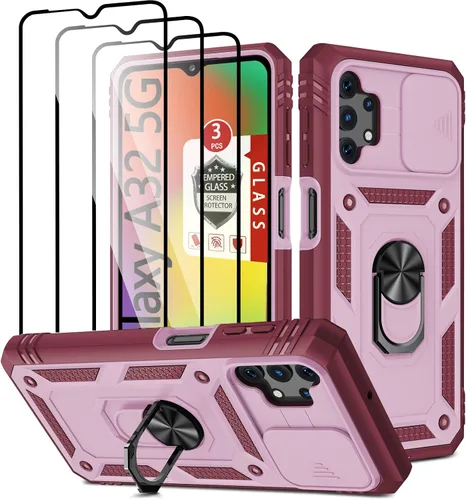 Vista 12 de Funda para Galaxy A32 5G, para Galaxy A32 con 3 protectores de pantalla de vidrio templado con soporte integrado + cubierta de cámara, carcasa