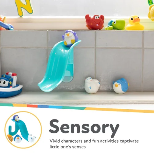 Vista 2 de Nuby Penguin Slide - Juego de juguetes de baño con 4 chorros de baño, juguetes de baño para bebés para niños y niñas de 12 meses en adelante