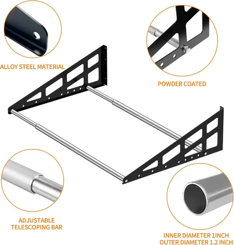 Vista 2 de Soporte de pared para neumáticos, resistente y ajustable de 31 a 56 pulgadas, estantes de ruedas para garaje con varillas telescópicas, garaje