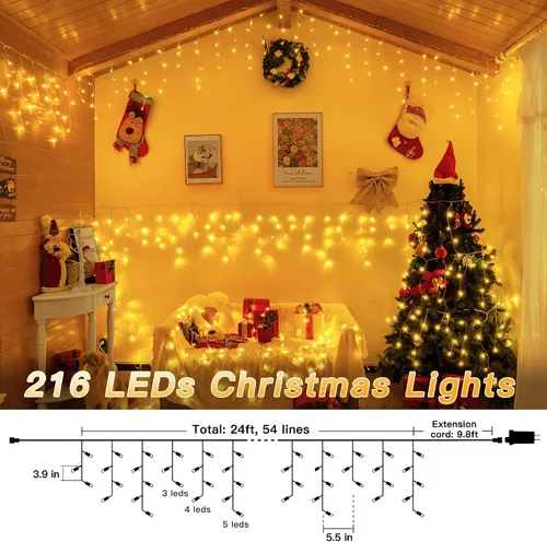 Vista 2 de Luces de carámbano para exteriores, 216 LED de 24 pies, luz de Navidad impermeable para exteriores con 8 modos y temporizador, luces de carámbano