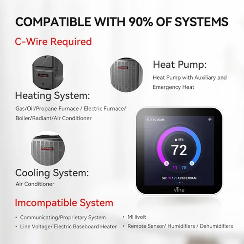 Vista 2 de Vine Termostato inteligente programable TJ-560 de 4 pulgadas con pantalla táctil completa para el hogar con control de aplicaciones, ahorro
