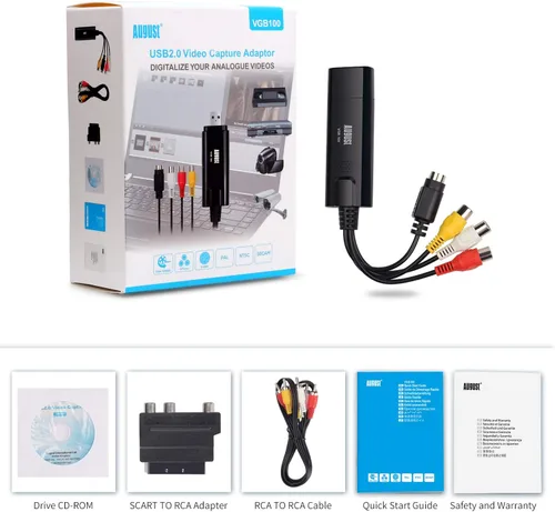 Vista 7 de August VGB100 - Tarjeta de captura de video USB externa - Cable de transferencia de video S/compuesto a USB - Cable de captura para Windows 11/10
