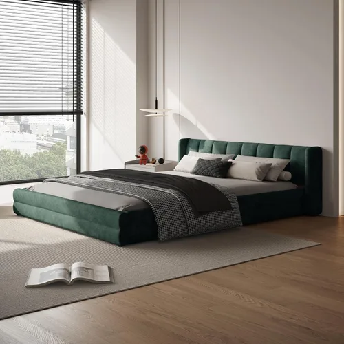 Vista 11 de Marco de cama tamaño Queen con cabecero suave tipo nube, base de cama de madera con tapizado de chenilla, no necesita somier - Beige Marco de cama