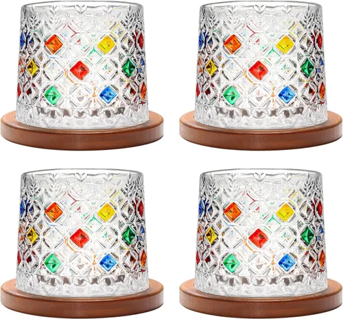 Vista 23 de Vaso de vidrio antiguo giratorio, 275ml/10oz Juego de vasos de whisky de cristal de 2 piezas, posavasos de madera, engrosamiento, utilizado como