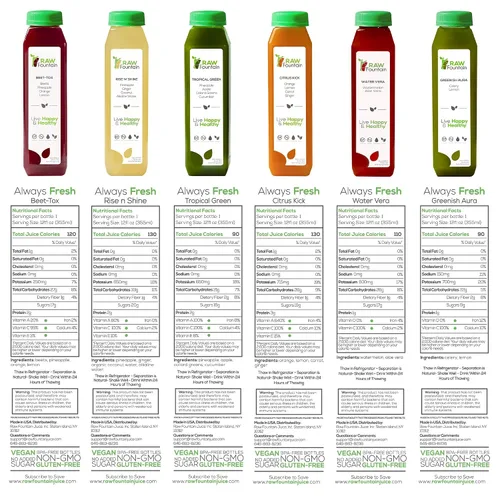 Vista 6 de Limpieza de Jugos de 1 Día por Raw Fountain, Sabores Tropicales, Totalmente Natural Crudo, Jugos de Frutas y Verduras Prensados en Frío, Limpieza