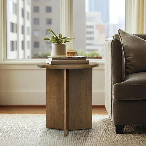 Vista 11 de Martha Stewart Sadie - Mesa de centro redonda – Parte superior de chapa Starburst, acabado de madera gris recuperada, acento moderno para sala