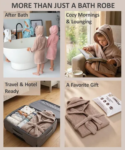 Vista 5 de Bata de baño premium suave para niños pequeños - Bata de bambú de rayón para niños con capucha - Bata para niños y niñas Beige