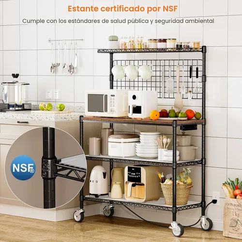 Vista 6 de Leteuke Estante para panaderos con toma de corriente y almacenamiento, soporte para microondas de 36 pulgadas, carrito de cocina de metal de 4 Negro