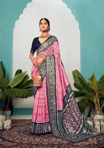 Vista 2 de Elina fashion Sari de algodón con estampado de cheurón de seda para mujer con blusa sin coser para ella