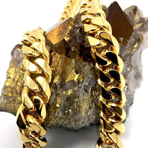 Vista 2 de Hollywood Jewelry Collar de cadena de eslabones cubanos de oro de 24 quilates para hombres, mujeres y adolescentes. Chapado en oro de 0.567in, 14