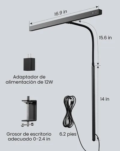 Vista 8 de SUPERDANNY Lámpara de escritorio LED para oficina y hogar, lámpara de escritorio para el cuidado de los ojos con cuello de cisne ajustable, 12W Negro