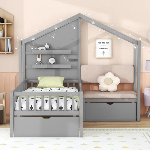 Vista 25 de RUNNA Marco de cama de madera de tamaño matrimonial con valla, para niños, adolescentes, niñas, niños, (Natural-Thinck 4col)