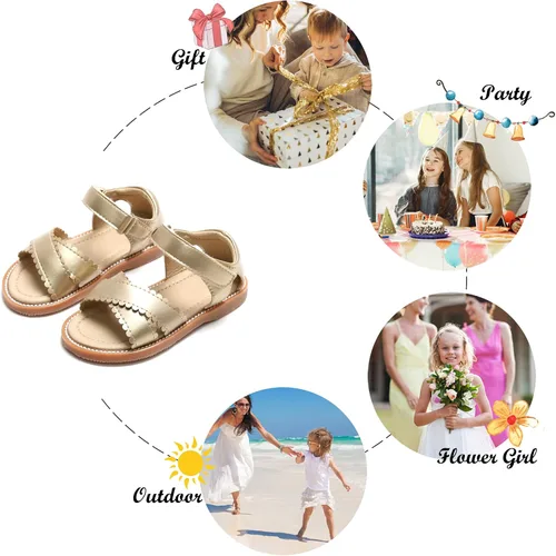 Vista 4 de Felix & Flora Sandalias para niña pequeña - Zapatos de vestir para niña de flores, puntera abierta, zapatos planos de verano para niños pequeños