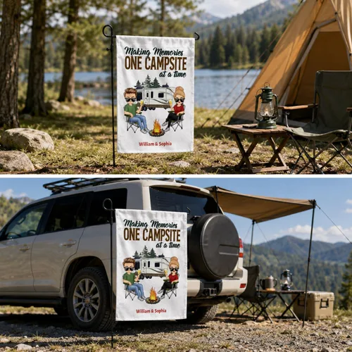 Vista 4 de Bandera personalizada de Making Memories para campamento y jardín, banderas para campamento de doble cara para decoración al aire libre, 12 x 18