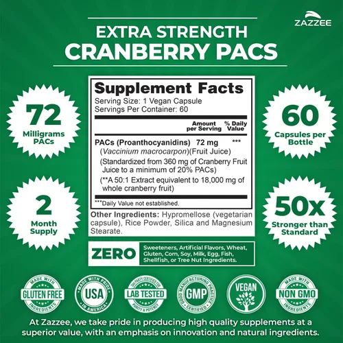 Vista 2 de Zazzee - Ácidos Alfa-Cianoacrílicos de Arándano, 72 mg de PACs por cápsula, 2X de fuerza, 100% soluble, 60 cápsulas veganas, extracto 50:1, 18,200