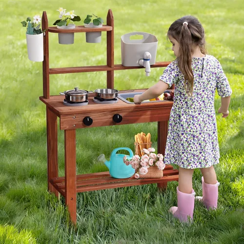 Vista 10 de ROBUD Cocina de barro para niños al aire libre, cocina de madera al aire libre, cocina de barro para niños con fregadero y grifo extraíbles