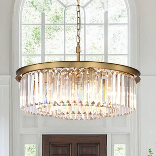 Vista 17 de Candelabro grande de cristal moderno de lujo, lámpara de techo colgante de oro antiguo para comedor, sala de estar, 12 luces, 3 niveles