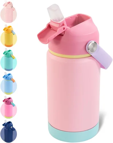 Vista 25 de Kerilyn - Botella de agua para niños, de acero inoxidable, con pajilla a prueba de fugas, con aislamiento térmico, libre de bisfenol A, unisex