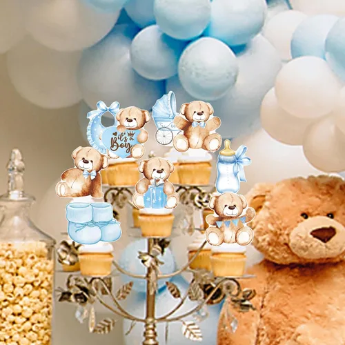 Vista 7 de 48 piezas de decoración para cupcakes con texto en inglés «We Can Bearly Wait» (We Can Wait Cupcake Toppers - Oso de peluche con brillantina)