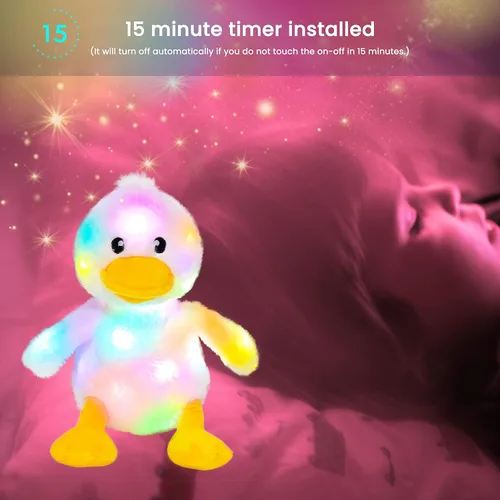 Vista 7 de Hopearl Pato de peluche LED que se ilumina, patito relleno de animal de granja flexible, luces nocturnas que brillan en la oscuridad, regalos
