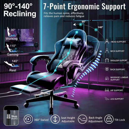Vista 6 de Silla para Videojuegos, Silla de Oficina Ergonómica con Masaje, Asiento de Computadora con Reposapiés, Cojín de Muelles de Bolsillo, Silla