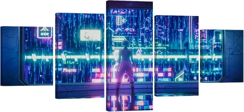 Vista 78 de Lienzo decorativo para pared, diseño de ciudad futurista Cyberpunk para sala de estar, impresión multipanel, obra de arte de cocina, pintura