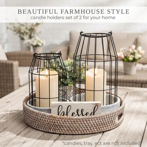 Vista 5 de Juego de 2 linternas de granja rústica - Elegantes linternas decorativas para tu sala de estar, repisa de chimenea o mesa de comedor de la cocina