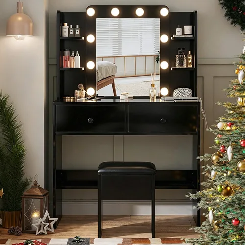 Vista 8 de Haewon Escritorio de maquillaje con espejo iluminado y juego de silla Negro