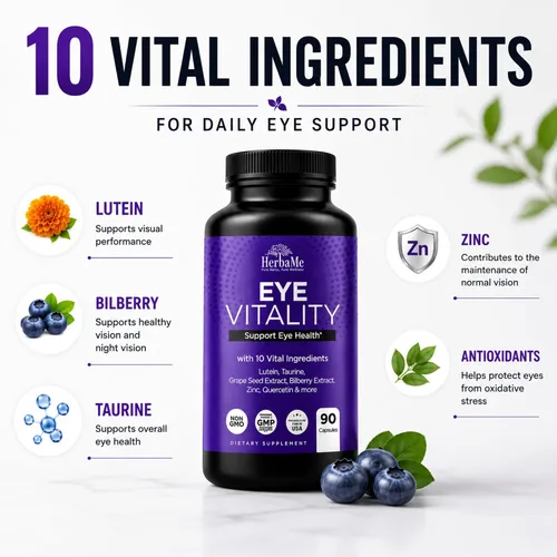Vista 7 de HerbaMe Suplemento de vitaminas para los ojos con luteína, arándano, betacaroteno, L-taurina, zinc y quercetina, 90 cápsulas, apoya la visión