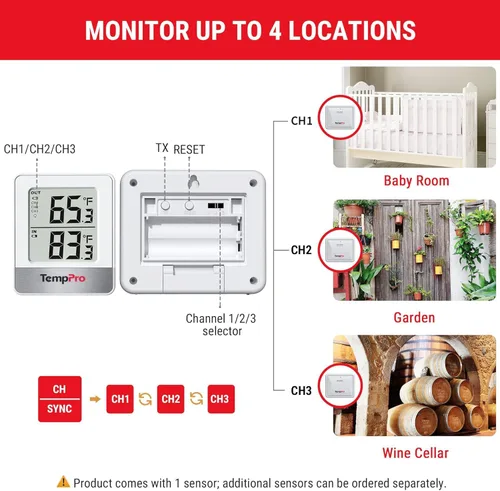 Vista 6 de ThermoPro Termómetro inalámbrico para interiores y exteriores de 500 pies, termómetro de invernadero exterior con sensor de temperatura, termómetros