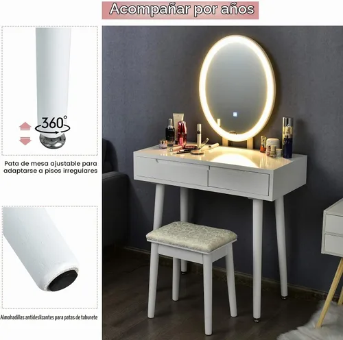 Vista 6 de CHARMAID Juego de tocador con espejo iluminado, espejo de brillo ajustable de 3 modos, tocador de maquillaje con taburete acolchado, 2 cajones