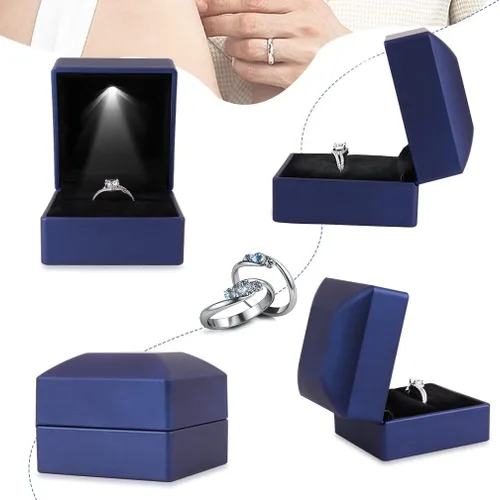 Vista 4 de iSuperb 2 cajas de anillos LED iluminadas, para propuestas, compromisos, bodas, regalos (paquete de 2 unidades, azul marino)