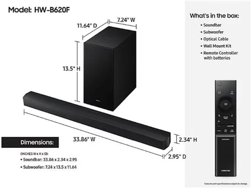 Vista 3 de Samsung HW-B620F Barra de sonido de 3.1 canales con subwoofer negro, Dolby Audio/DTS Virtual:X, HDMI ARC, compatible con sonido envolvente
